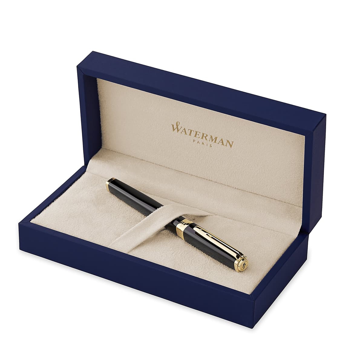 Waterman Exception Pluma Estilográfica, Delgada Negra con Clip de 23k Oro, Plumín Medio con Cartucho de Tinta Azul, Caja de Regalo S0636940