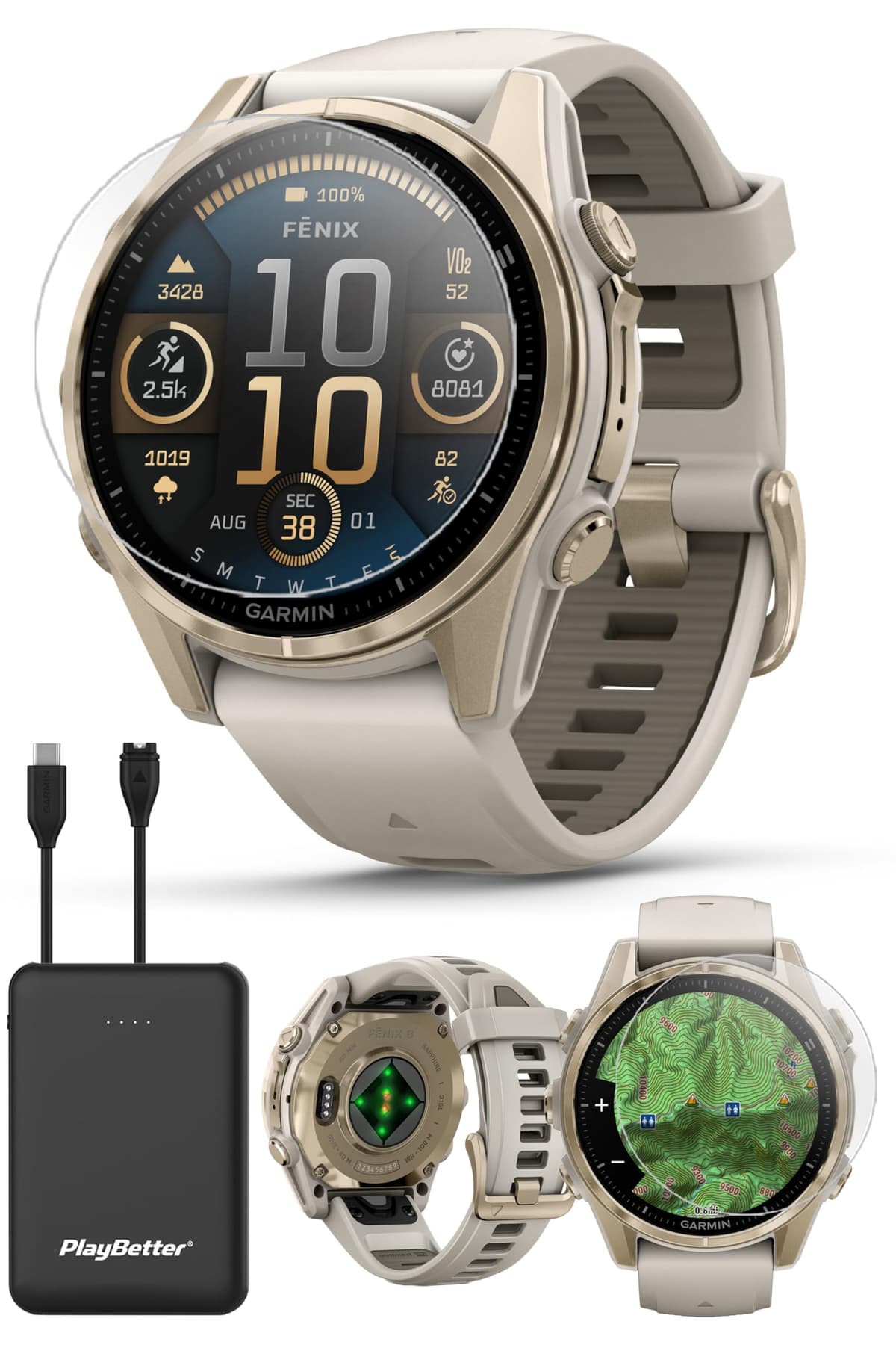 PlayBetter Garmin Fenix 8 AMOLED Sapphire 43mm (Soft Gold/Dark Sandstone) Bundle con cargador portátil 010-02903-10 (Watch) | Z05 (Charger)