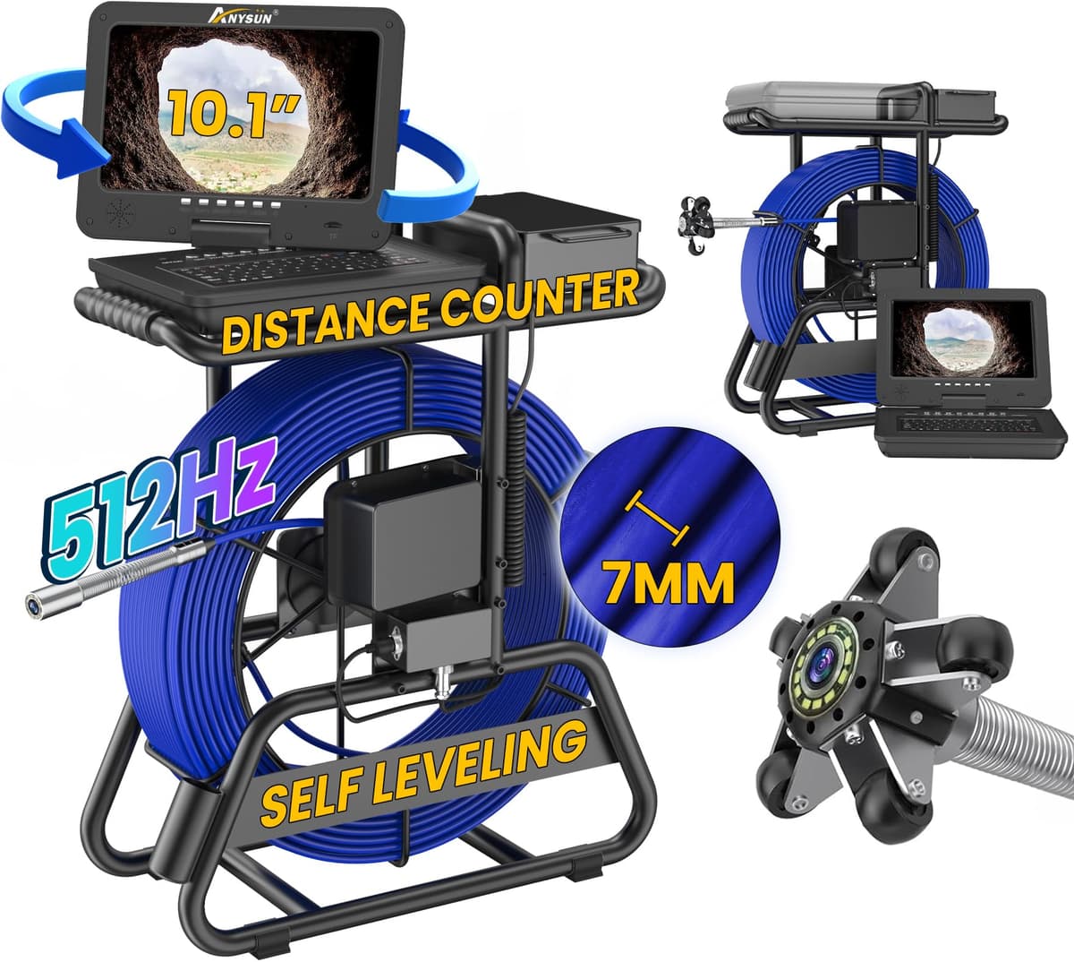 Anysun Cámara de Inspección de Cañerías 512Hz con Monitor 10" IPS, Autonivelante, DVR y Cable 7mm 165ft Anysun-820-50M-7C