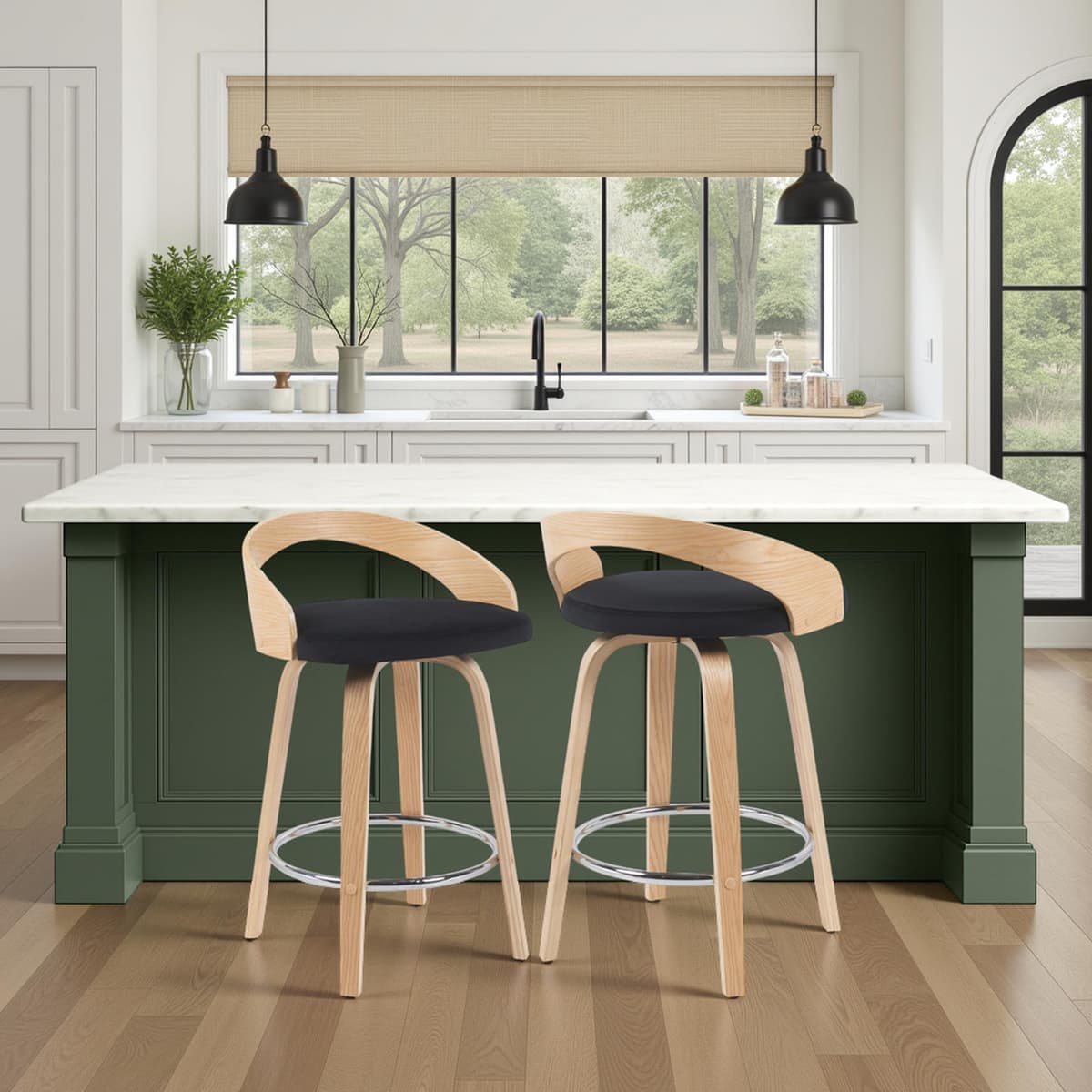 Armen Living Sonia Taburete giratorio altura mostrador - Juego de 4, asiento negro y acabado roble estampado LCSOBABLPO264PC