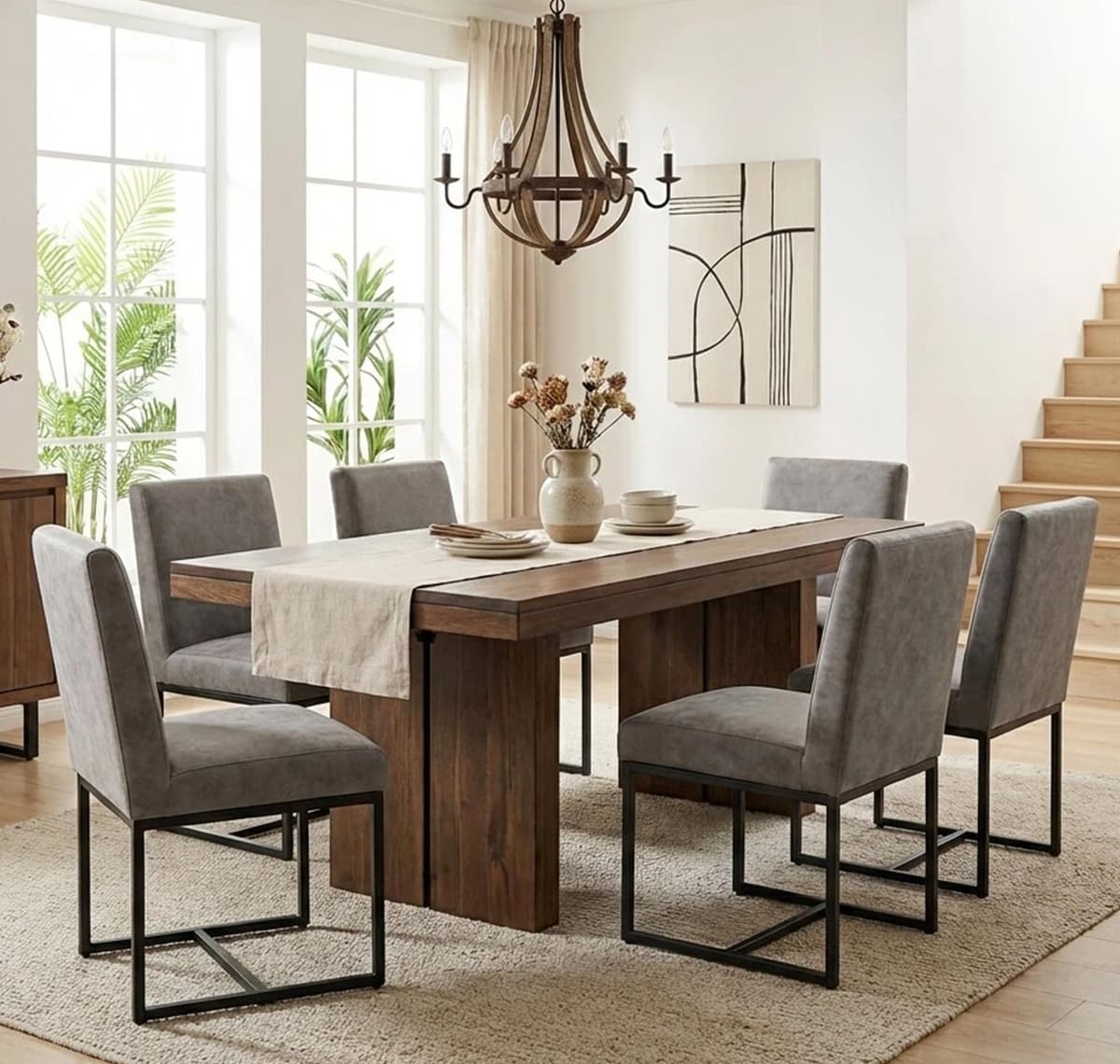 Sillas de comedor tapizadas VESCASA en cuero sintético, marco metálico negro, estilo mid-century, juego de 6, gris claro ef03085a-206a-4608-80ac-e9b2458e927a