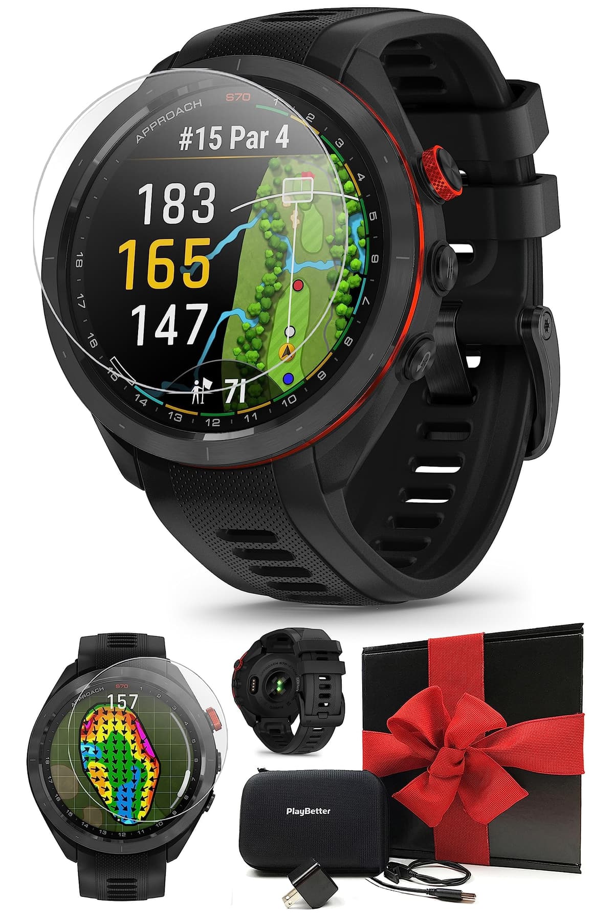 Garmin Approach S70 (Negro, 47 mm) Reloj GPS para Golf - Pantalla AMOLED, Caddie Virtual y Distancia PlaysLike - Paquete de Regalo con Protectores de Pantalla PlayBetter, Adaptador de Pared y Estuche Rígido 010-02200-00