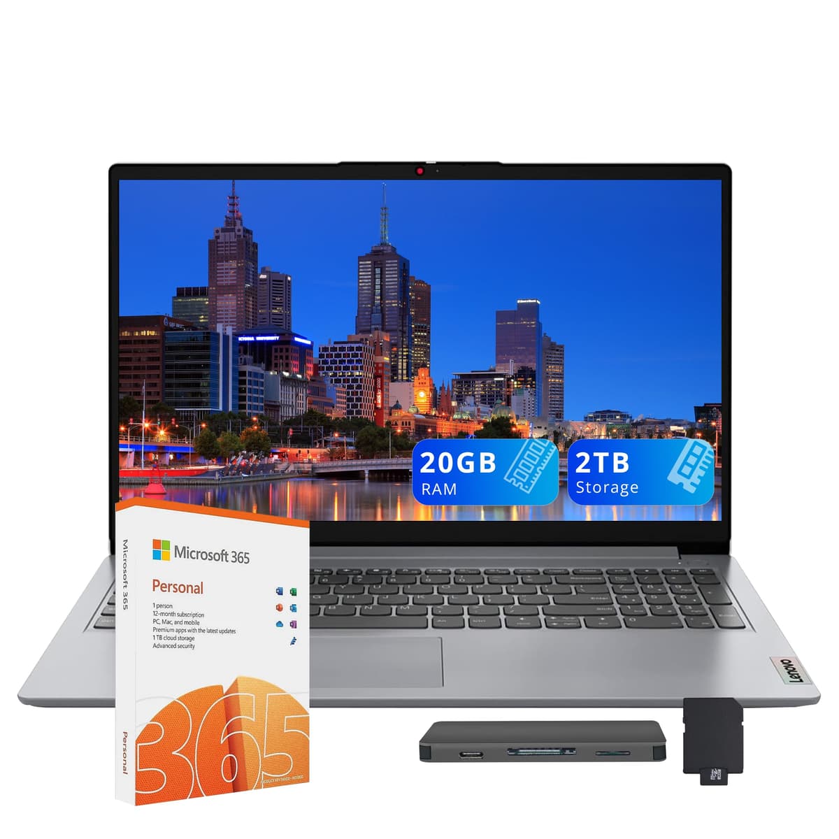Lenovo IdeaPad 1 15.6" HD Portátil, Intel Celeron N4500, 20GB RAM, 2.12TB Almacenamiento (1TB SSD + 128GB eMMC + 1TB Docking), Intel UHD Graphics, 1 Año Office 365, Teclado Numérico, Webcam, Windows 11 Pro, Gris
