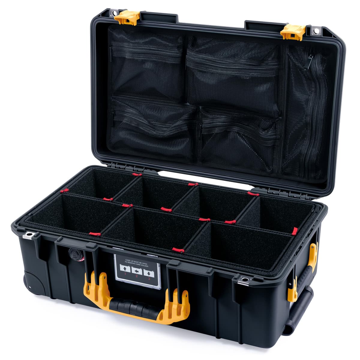 Maleta de mano Pelican Air 1535 de ColorCase - Negro - Maleta impermeable tamaño mediano con sistema de divisores TrekPak y organizador de tapa con malla - Asas y cierres amarillos 015350-0120-110-241