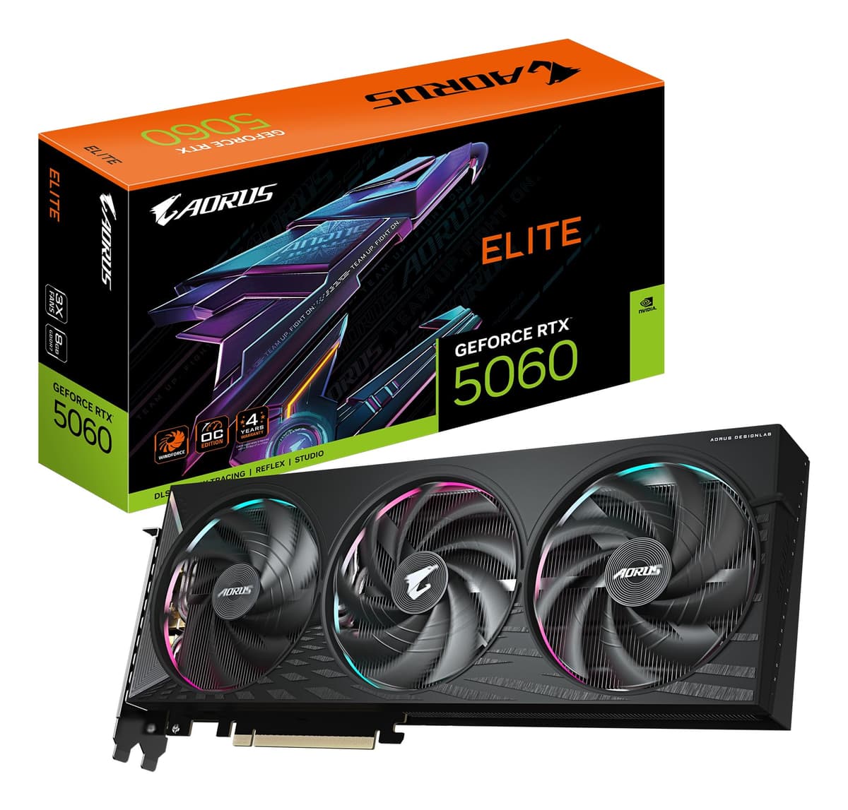 Gigabyte Aorus GeForce RTX 5060 Elite 8G Tarjeta de Video - 8GB GDDR7,128 bits, PCIe 5.0, 2722 MHz Reloj de Núcleo, 3 x DisplayPort, 1 x HDMI, GV-N5060AORUS E-8GD