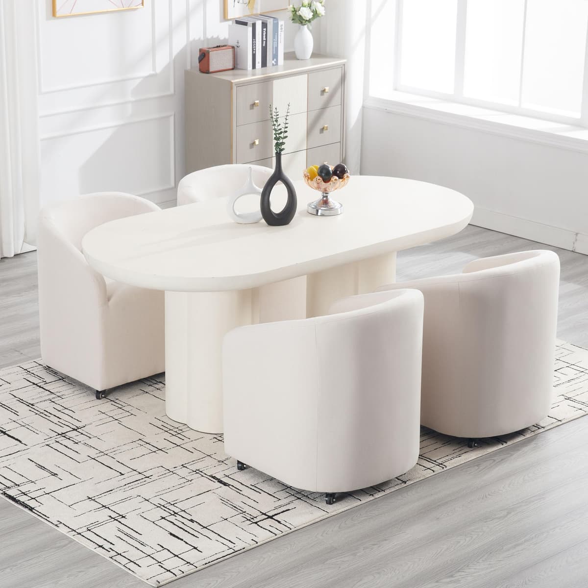 BESTANO Set de 4 sillas tapizadas modernas con ruedas giratorias, respaldo tipo barril, beige