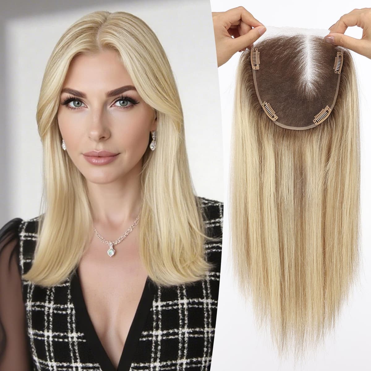 Topart topper 6×6 de 14" mano a mano con lace front, cabello humano Remy (Blonde Mixed) HTFM9004-1BR14
