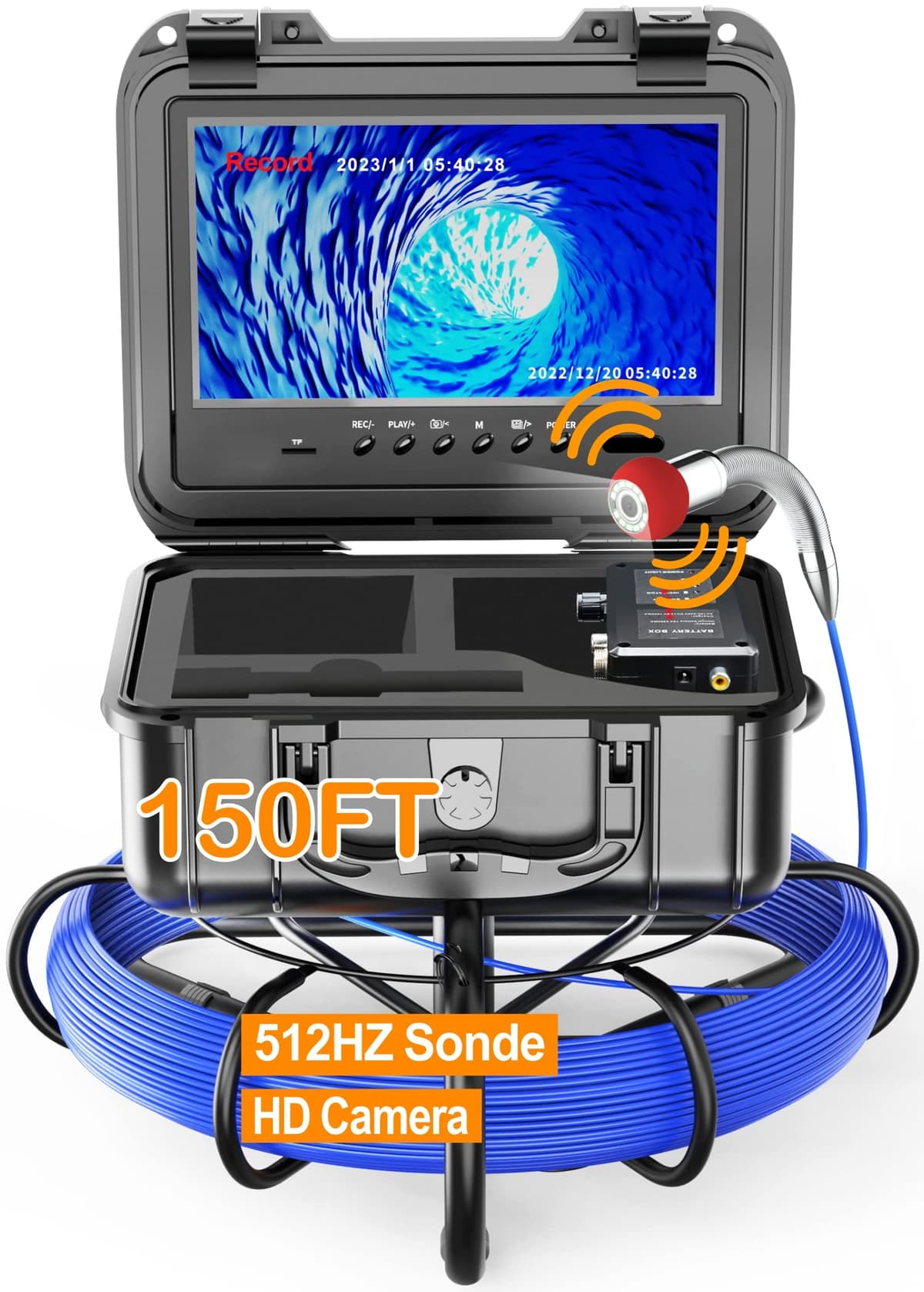 Anysun Sewer Camera 150FT con Sonde 512Hz, Pantalla 9" HD, DVR y Cable 7mm IP68 para Inspección de Tuberías 9DX-ZPH