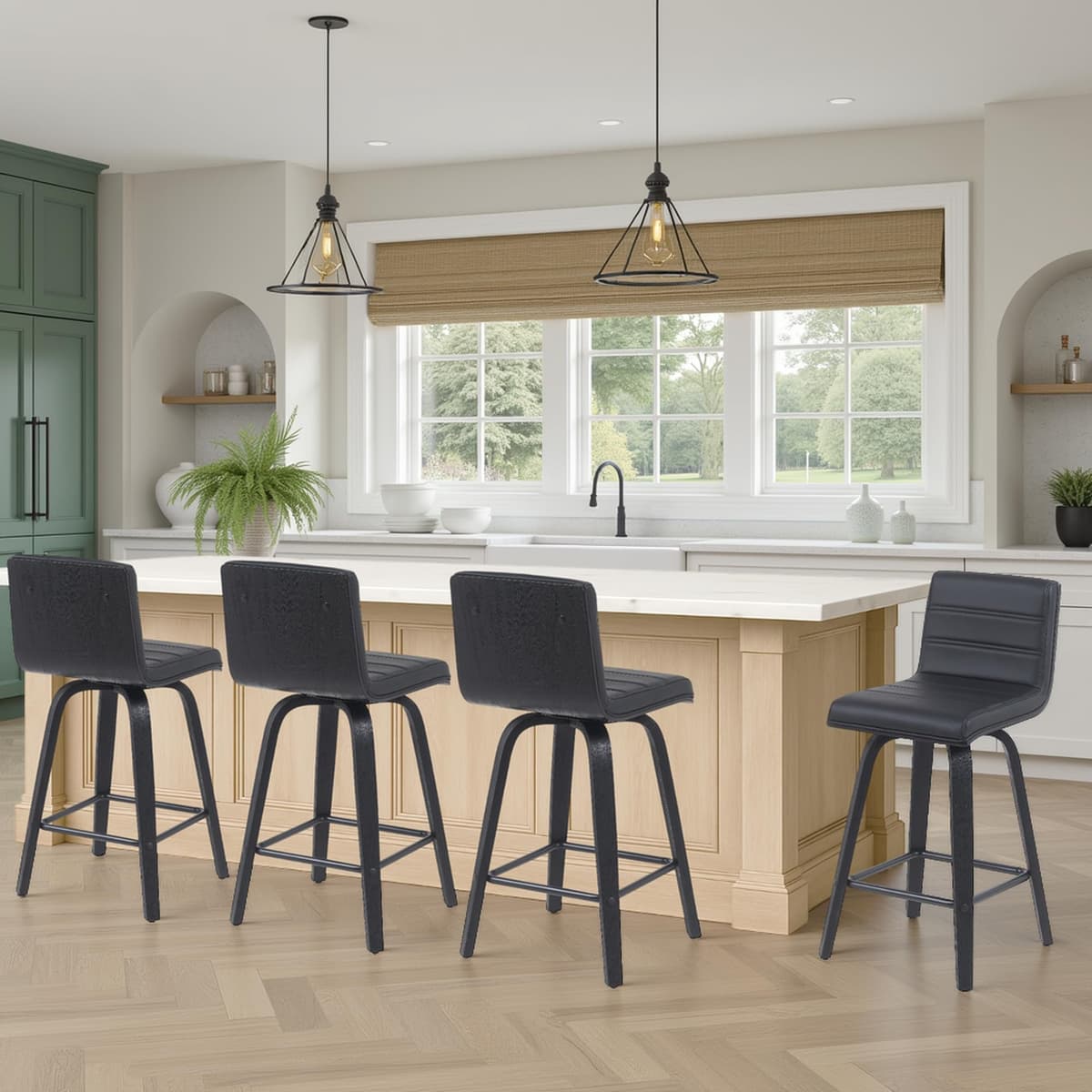 Armen Living Vienna Taburete giratorio altura mostrador - Juego de 4, asiento negro y marco madera cepillada negra LCVIBABLBL264PC