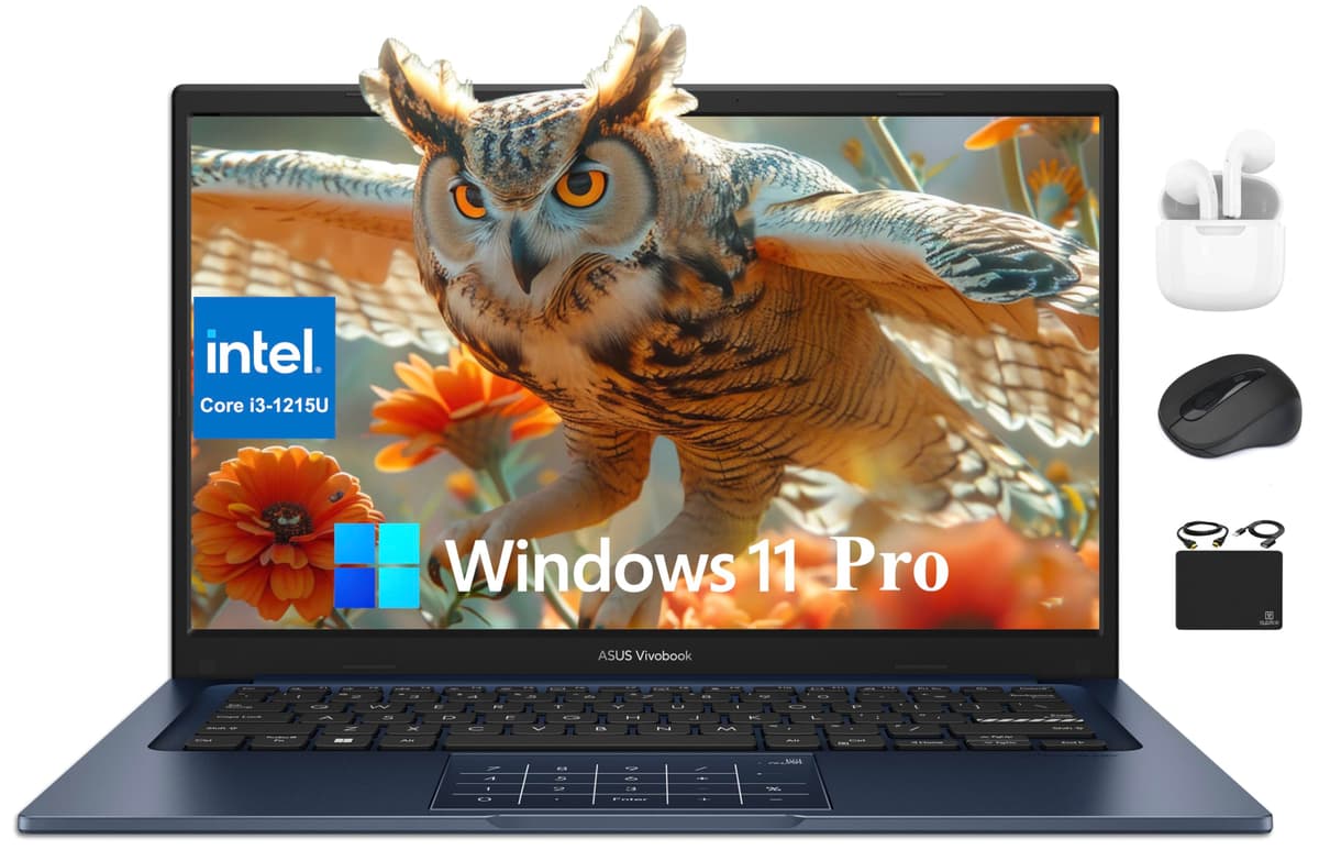 ASUS Vivobook 2024 Laptop insignia delgado, 14" FHD antirreflejo, Intel i3-1215U 6 núcleos (hasta 4.40 GHz), 16 GB RAM, 512 GB SSD, webcam con privacidad, WiFi 6E, accesorio Hubxcel, más de 10 horas de batería, Windows 11 Pro 2026 Flagship ASUS Vivobook 14