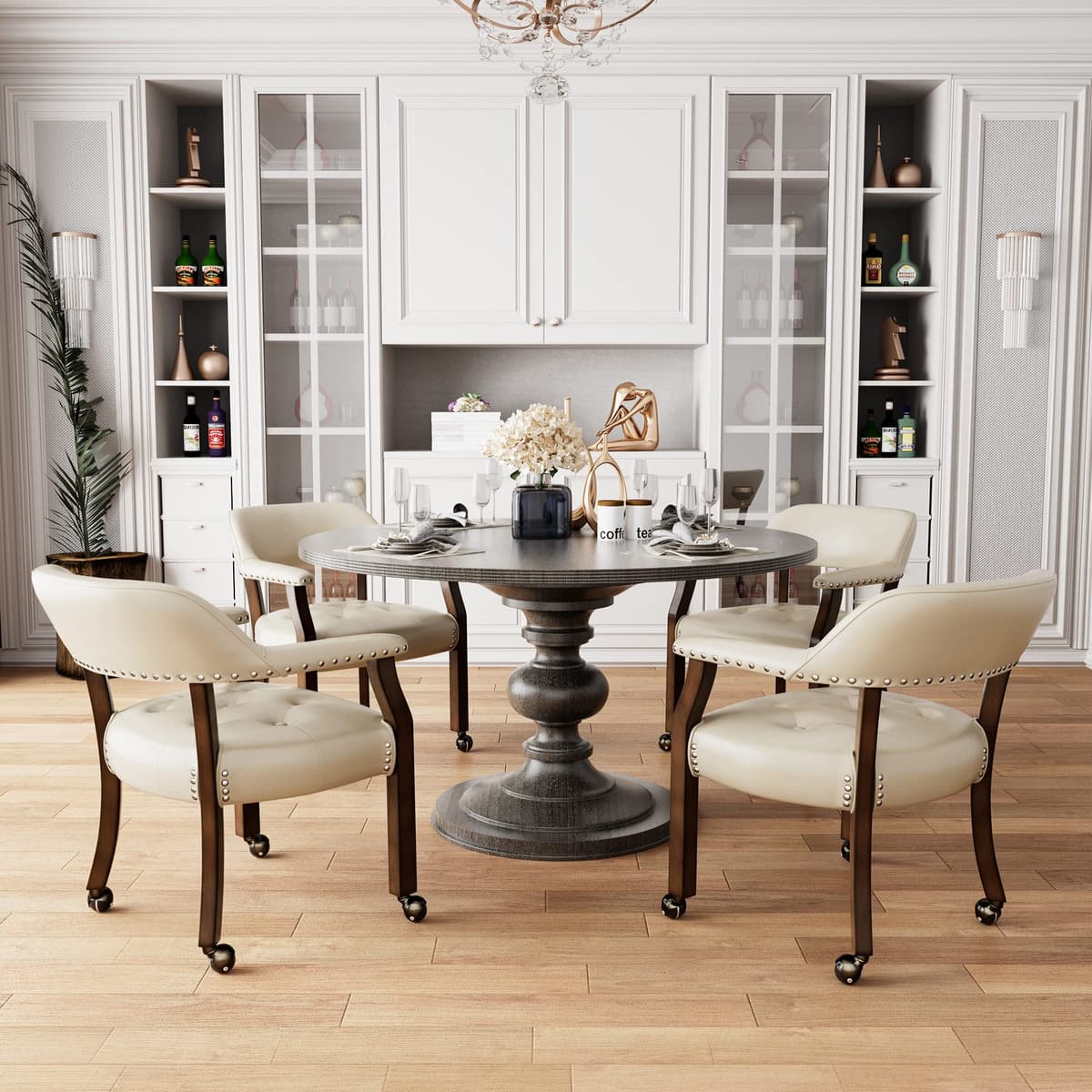 MODERION Sillas de comedor grandes con ruedas y brazos juego de 4, sillones capitán con patas de madera, tapizado con botones, giratorias 31.5”H Leg. marrón & Beige XXY1910BG