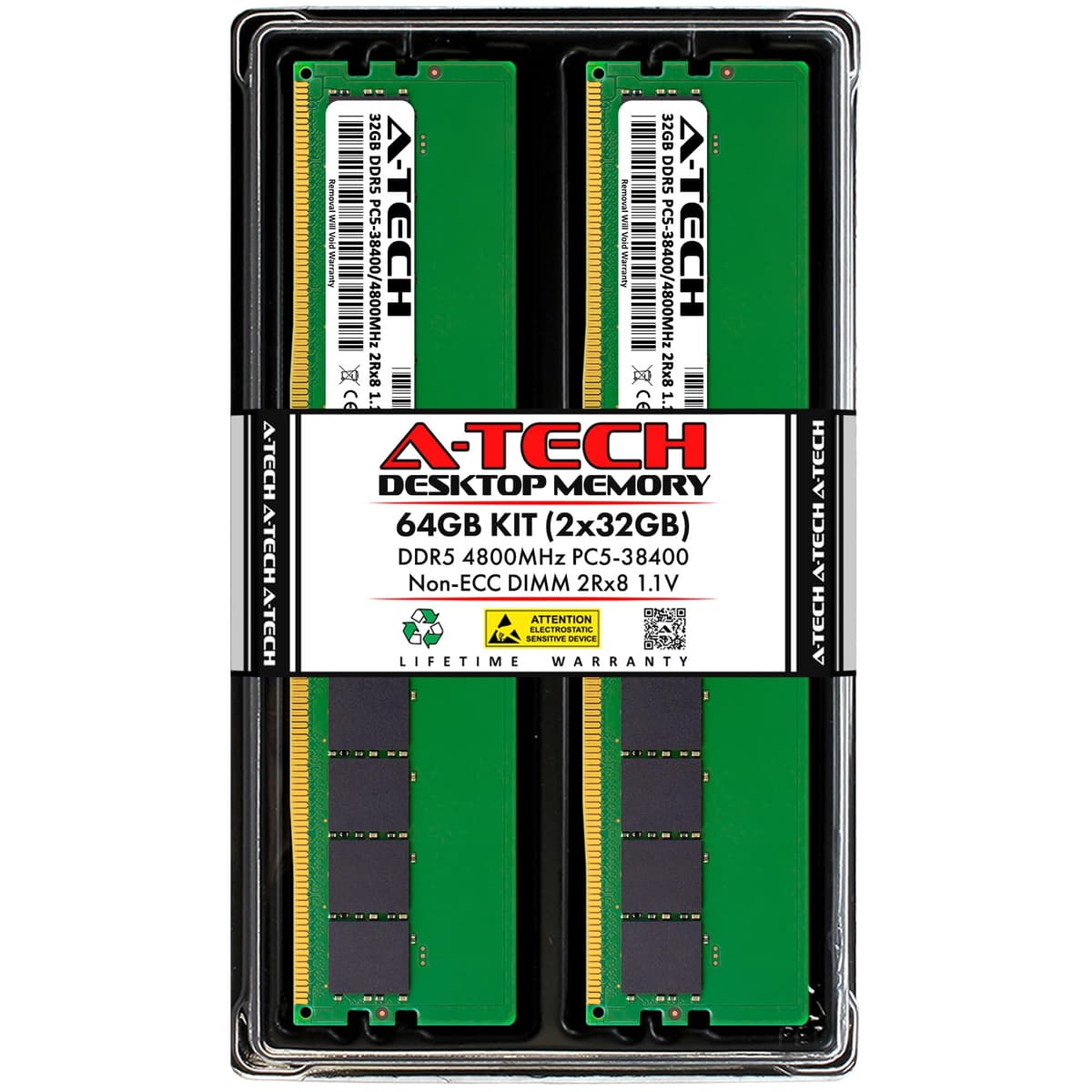 Kit A-Tech 64GB (2x32GB) DDR5 4800MHz PC5-38400 CL40 UDIMM 2Rx8 Dual Rank 1.1V No-ECC Unbuffered DIMM 288 pines Memoria RAM para PC/Computadora AT32G2D5D4800ND8N11V