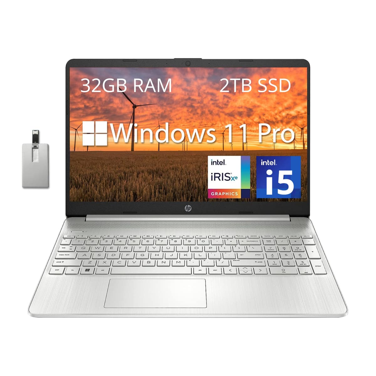 HP 15.6'' FHD Laptop empresarial, Intel i5-1135G7, 32GB RAM, SSD PCIe 2TB, Intel Iris Xe, teclado numérico, cámara, Wi-Fi, plateado, Windows 11, tarjeta USB Hotface 32GB