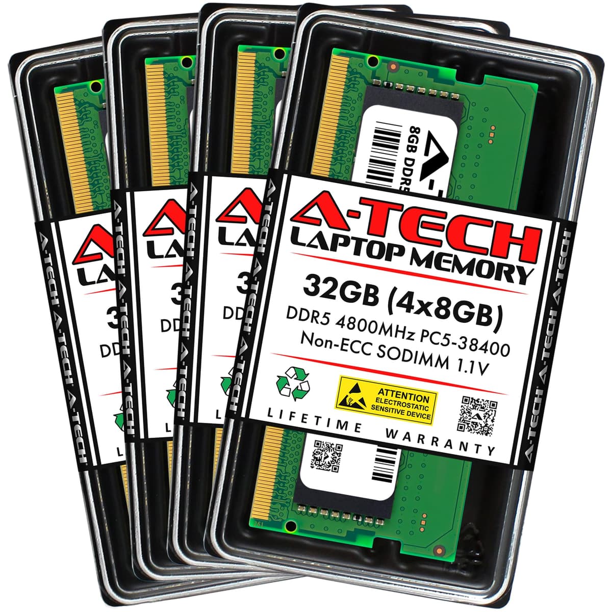 A-Tech Kit de 32GB (4x8GB) DDR5 4800MHz PC5-38400 CL40 SODIMM 1.1V No ECC No Buffer SO-DIMM de 262 pines Memoria RAM para Portátil (Módulos de Actualización) AT8G4D5S4800NA0N11V