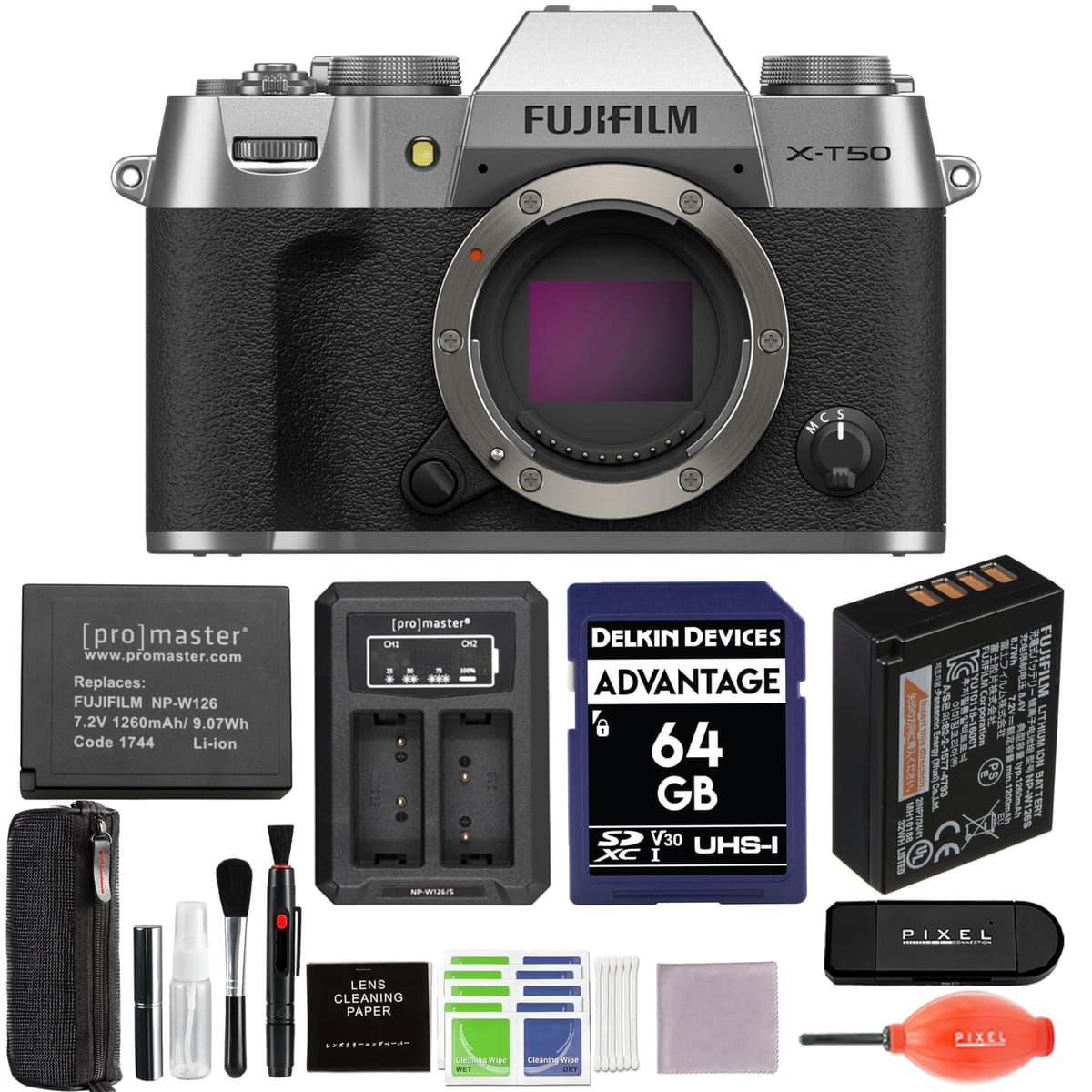 Pixel Connection Fujifilm X-T50 Mirrorless Camera (Silver) Bundle con batería adicional y accesorios avanzados 16828313