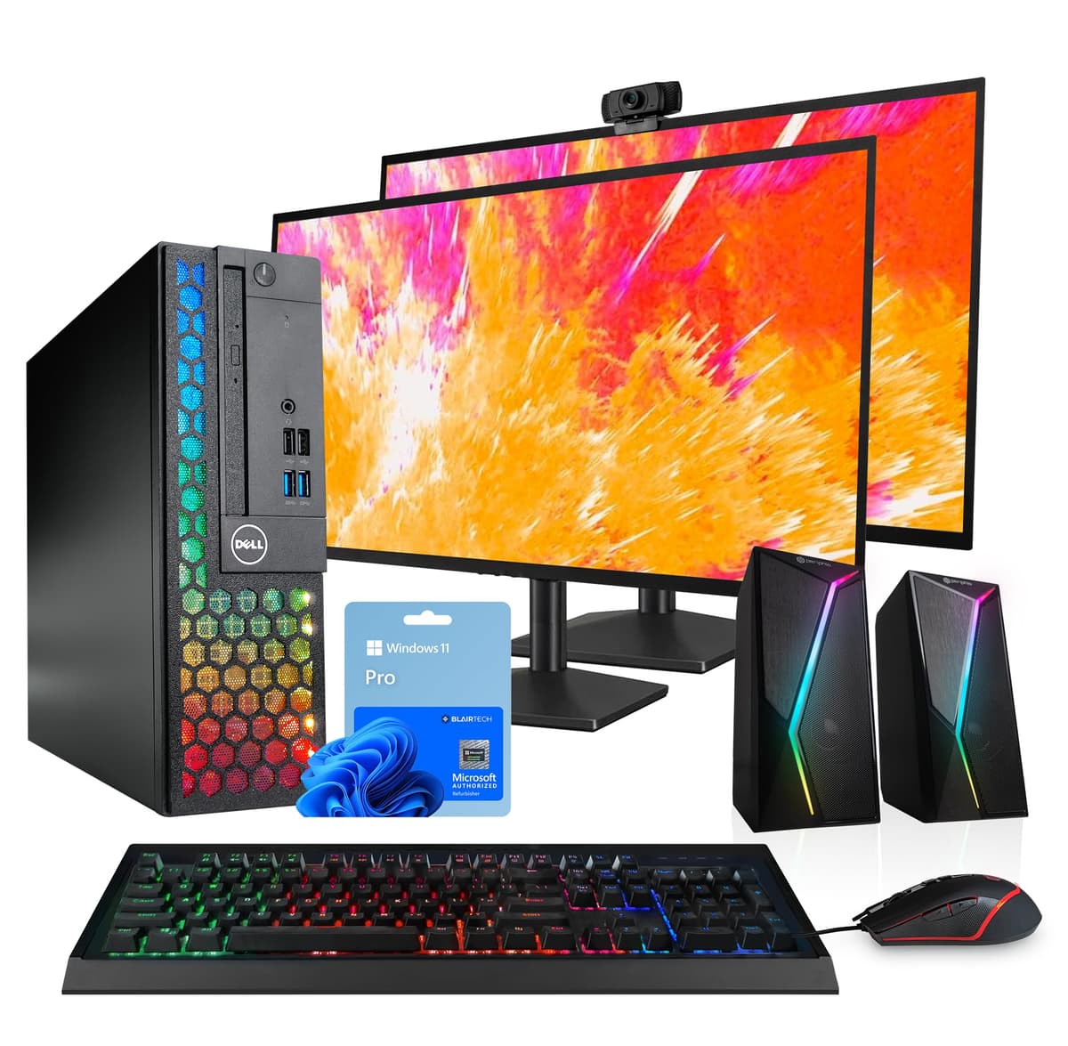 Computadora Dell Optiplex con iluminación RGB | Windows 11 Pro | Intel i5-8500 ultrarrápido | 16GB RAM 1TB SSD | Dos monitores LCD de 24" nuevos | Parlantes RGB + cámara web | WiFi 5G + Bluetooth (Reacondicionada) 3060