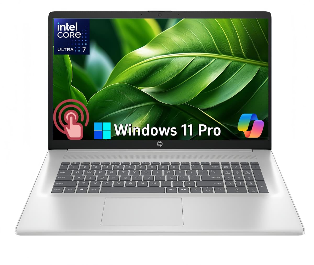 Laptop HP con pantalla táctil, Intel Ultra 7 255U de 12 núcleos (mejora de Core 7 150U), pantalla antirreflejo HD+ de 17.3" 250 nits, 32GB DDR5, 2TB SSD, Copilot AI, teclado retroiluminado, batería de larga duración, Windows 11 Pro, con accesorios 17-cn