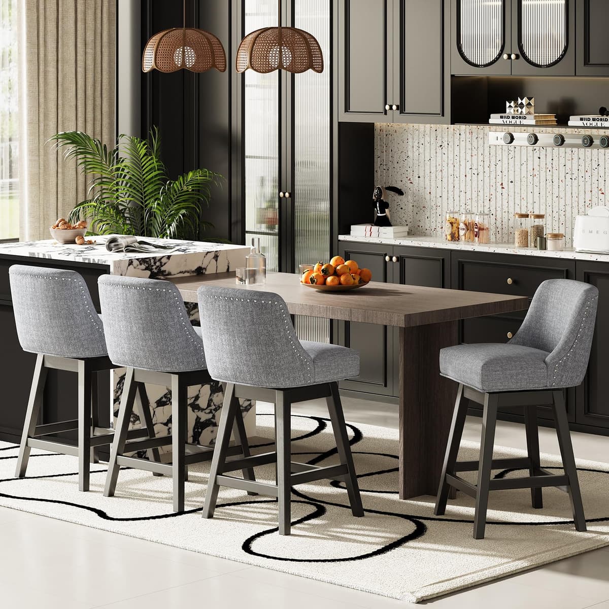 MALOL Juego de 6 Taburetes Giratorios de Barra, 27" de Altura para Mostrador con Asientos Acolchados y Patas de Madera Maciza, Taburetes Tapizados para Isla de Cocina y Rincón de Desayuno (Gris Oscuro) Swivel Bar Stools