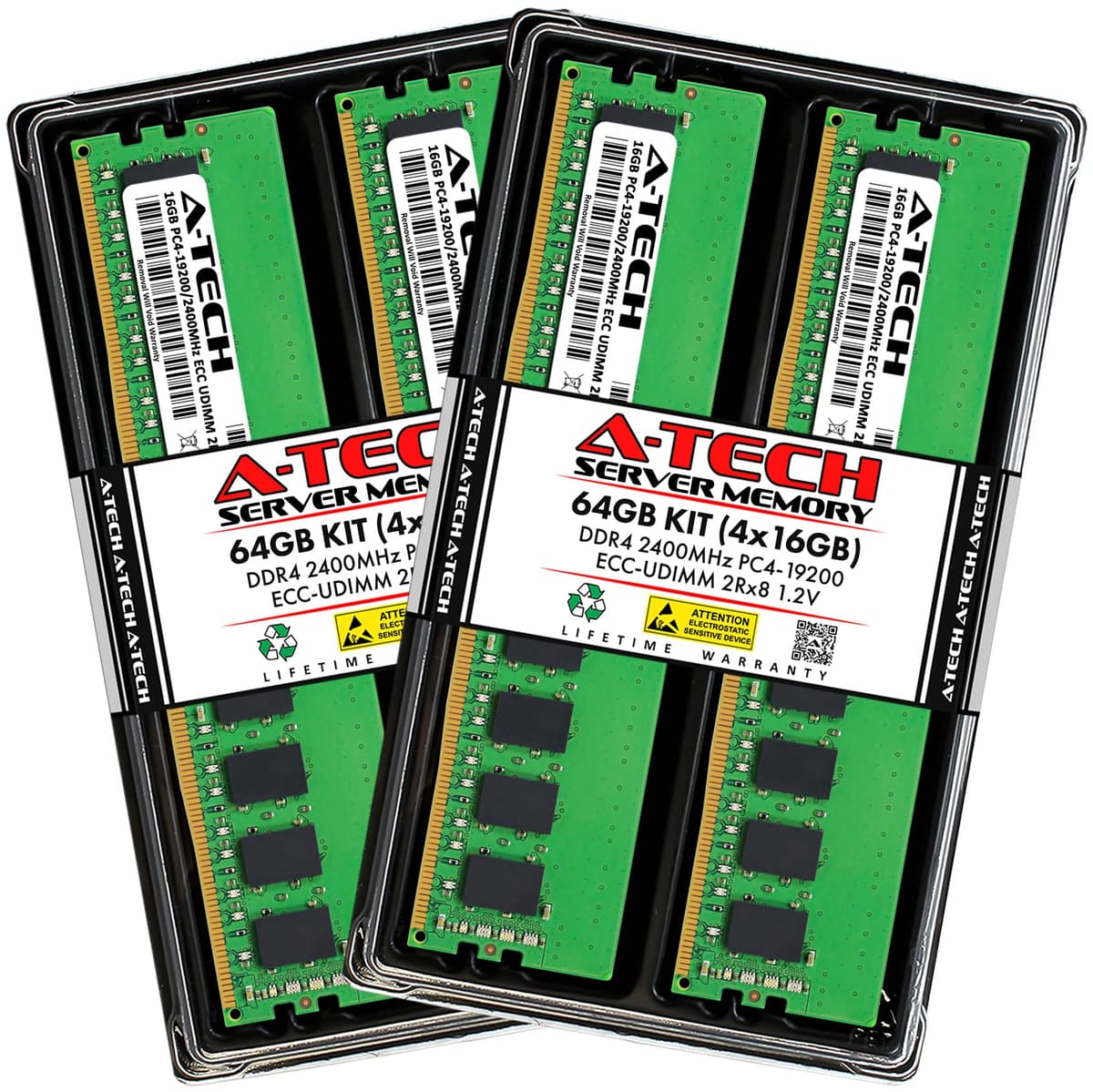 Kit A-Tech Server 64GB (4x16GB) DDR4 2400MHz PC4-19200 ECC UDIMM 2Rx8 Dual Rank 1.2V ECC Unbuffered DIMM de 288 pines Memoria RAM para Servidor y Estación de Trabajo (Serie A-Tech Enterprise) AT16G4D4D2400ED8N12V