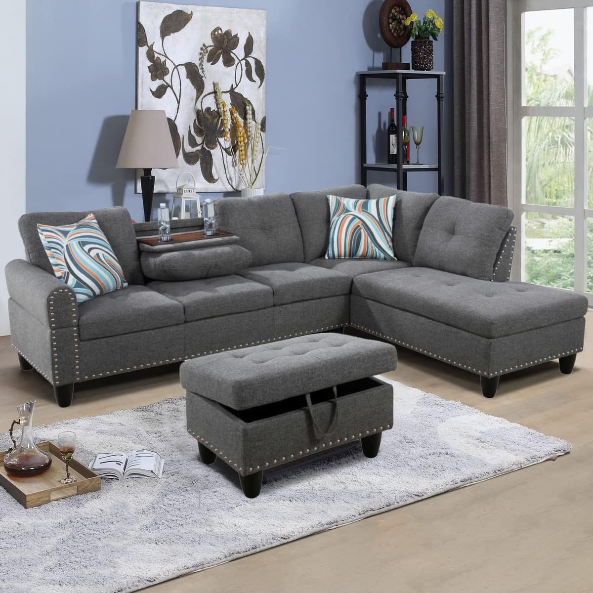 UBGO L-Shaped sectional sofa, sofá seccional en L con chaise reversible y otomán de almacenamiento, gris NO
