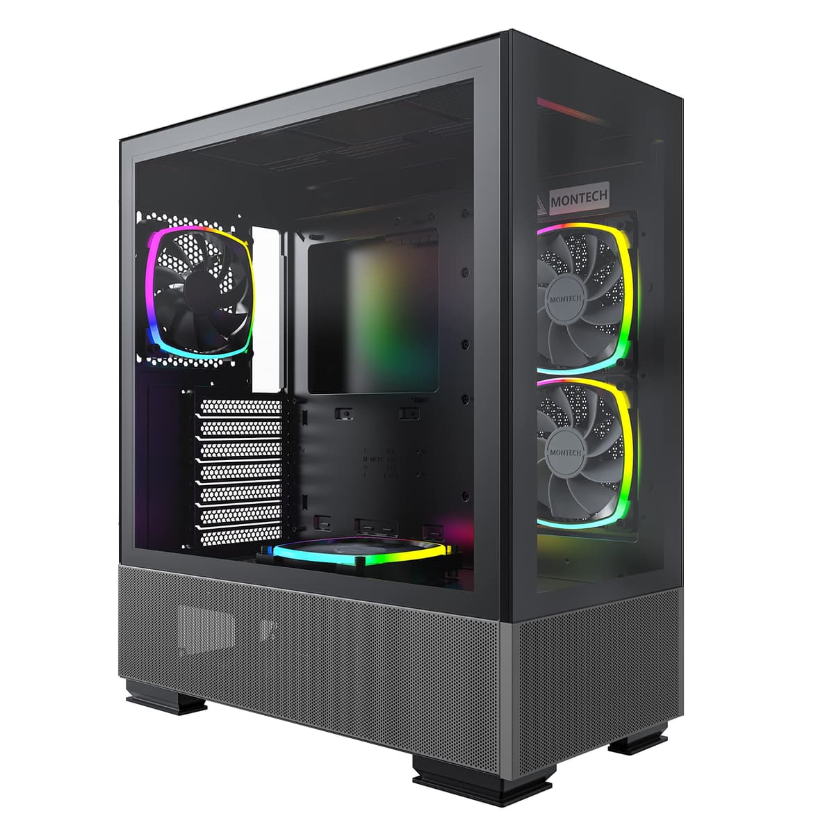 Montech Sky Two, paneles laterales de vidrio templado dual, 4 ventiladores PWM ARGB preinstalados, gabinete de torre media ATX para gaming, Tipo C, alto rendimiento de flujo de aire - Negro SKY TWO (BLACK)