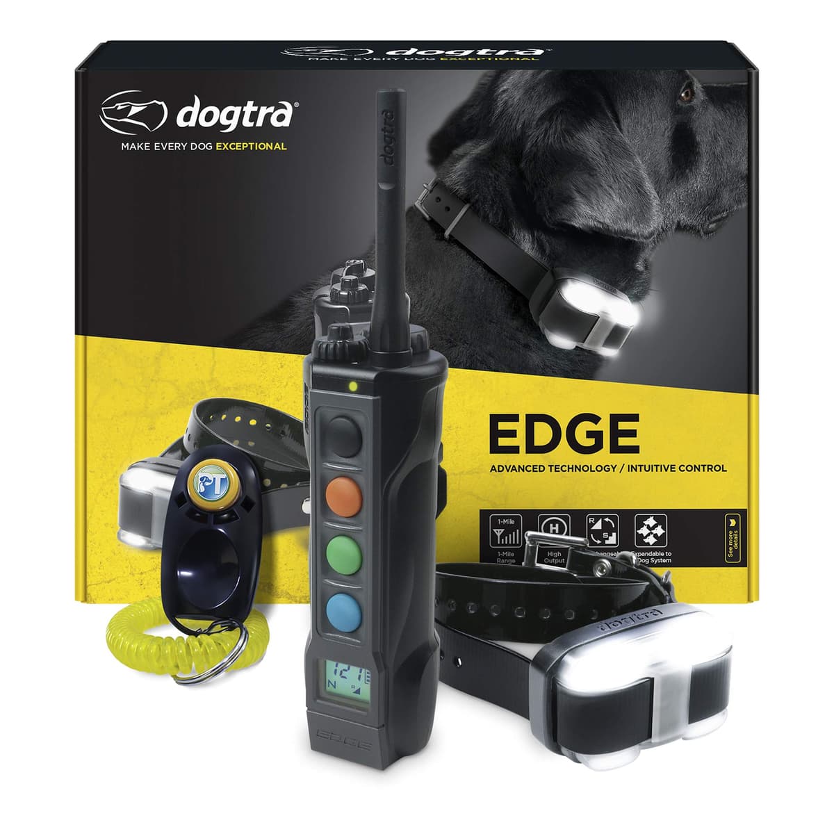 Collar Electrónico de Entrenamiento para Perros Dogtra Edge con Control Remoto para Perros Grandes y Medianos de 35+ lbs - Alcance de Hasta 1 Milla, Vibración, 127 Niveles de Estimulación, Impermeable, Expandible para 4 Perros, Luz de Ubicación AA