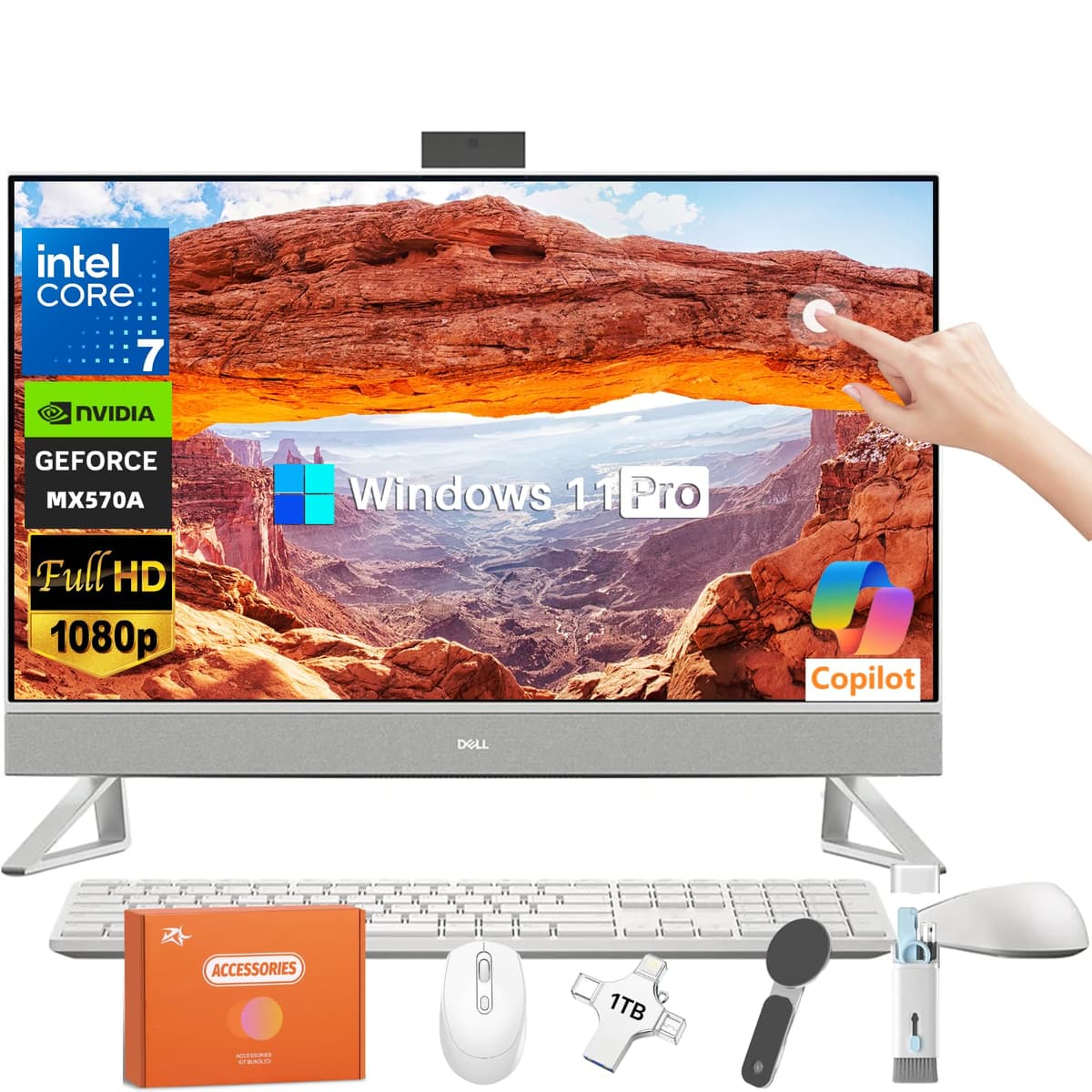 Computadora de Escritorio Todo-en-Uno Dell 27" para Oficina, Intel Core 7 150U, NVIDIA GeForce MX570A, Pantalla Táctil IPS FHD 27", 32 GB DDR5, 1 TB SSD, Copilot AI, Windows 11 Pro DEC27250-7222WHT-PUS