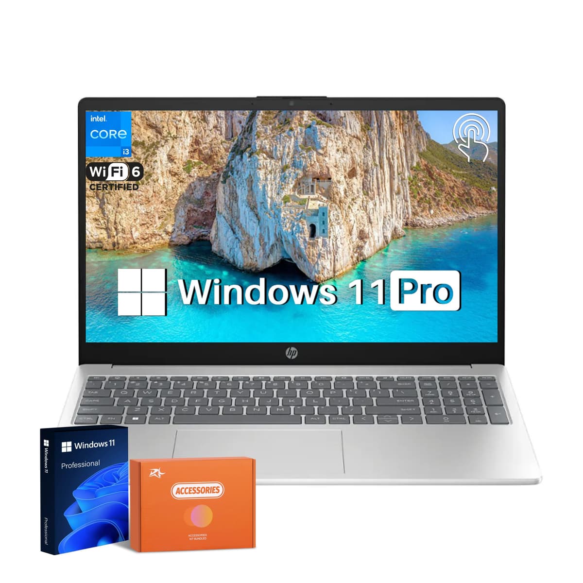 HP Notebook Empresarial Táctil 15.6", Intel i3 1215U (hasta 4.4 GHz), Pantalla LED 15.6" 250 nits, 16GB RAM, 1TB SSD, Larga Duración de Batería, Wi-Fi 6E, Windows 11 Pro, Plateado Natural, Accesorios 15-fd0023dx