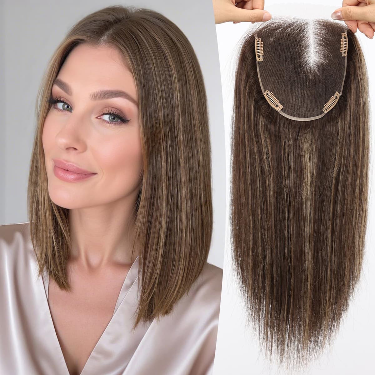 Topart Toppers de cabello totalmente anudados a mano 14" 6x6 Lace Front, cabello humano Remy, Castaño con mechas HTFM9004-2BR14