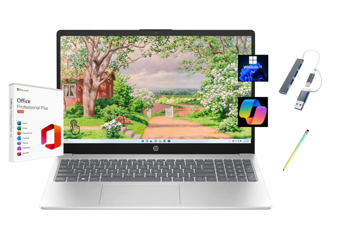 HP 2025 Laptop táctil HD de 15.6", Microsoft Office 2024 gratuito de por vida, Intel Core i3-1315U (mejor que i5-1135G7), 8GB RAM, 512GB SSD, Windows 11 Pro, Plata natural, Copilot, con hub USB y lápiz táctil