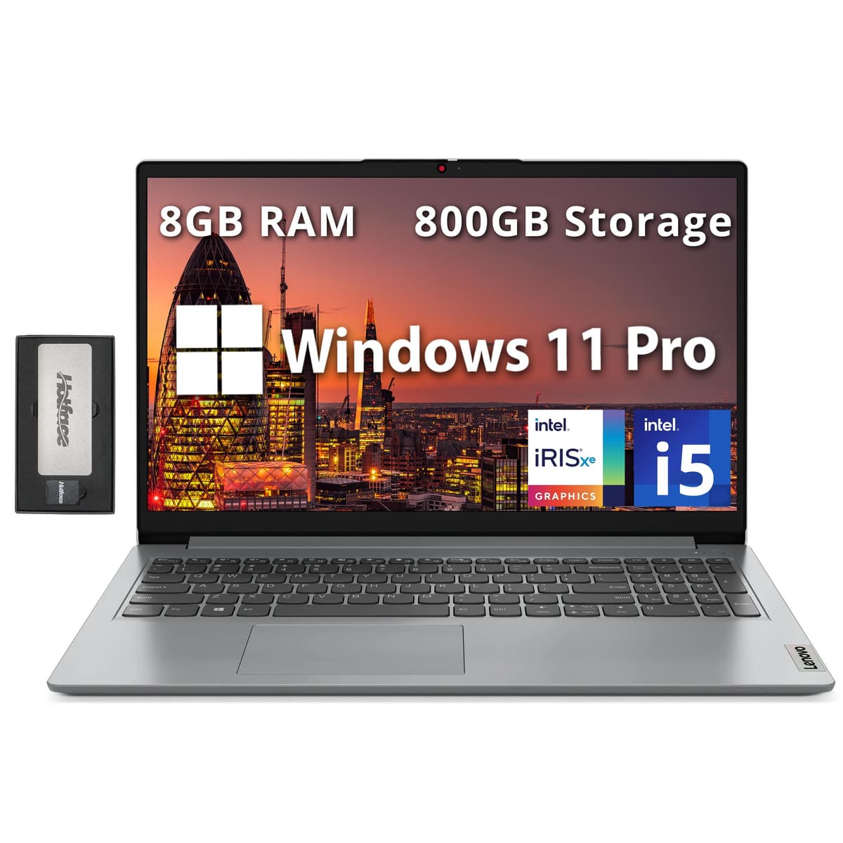 Lenovo IdeaPad 1i 15.6" FHD Laptop empresarial, Intel i5-1235U, 8GB RAM, 800GB almacenamiento (512GB SSD + 288GB set de estación de acoplamiento), Intel Iris Xe Graphics, teclado numérico, webcam 720p, WiFi 6, Windows 11 Pro, gris