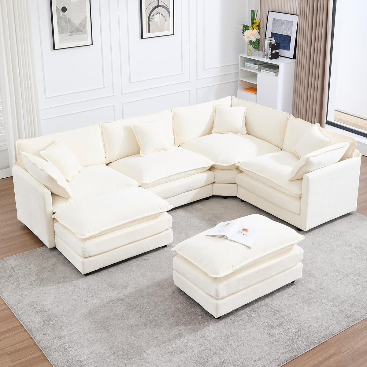 Sofá Seccional Modular en Forma de U VEPXXP, Sofá Rinconero Sobredimensionado de Chenilla Tipo Nube con Chaise y Otomana, Sofás Seccionales Modernos de Lujo Profundos para 6 Personas, Sala de Estar Espaciosa, Beige