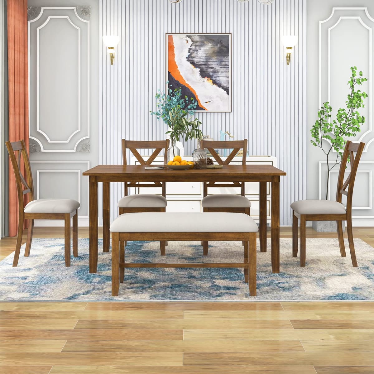 RUNWON Juego de comedor rústico 6 piezas: mesa rectangular, 4 sillas acolchadas y banco, Natural Cherry 6 Pieces Dining Table Set for 6