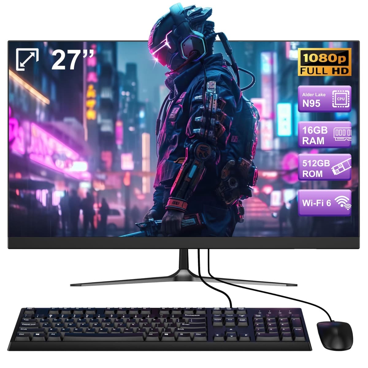 SAINTDISE Computadora de Escritorio Todo en Uno Alder Lake N95 27 pulg. All-in-One 16GB RAM 512GB ROM Pantalla Full HD IPS USB 3.0 x4 Altavoces Integrados Wi-Fi Dual-Band y Bluetooth 5.1 con Teclado y Mouse Cableados NX5