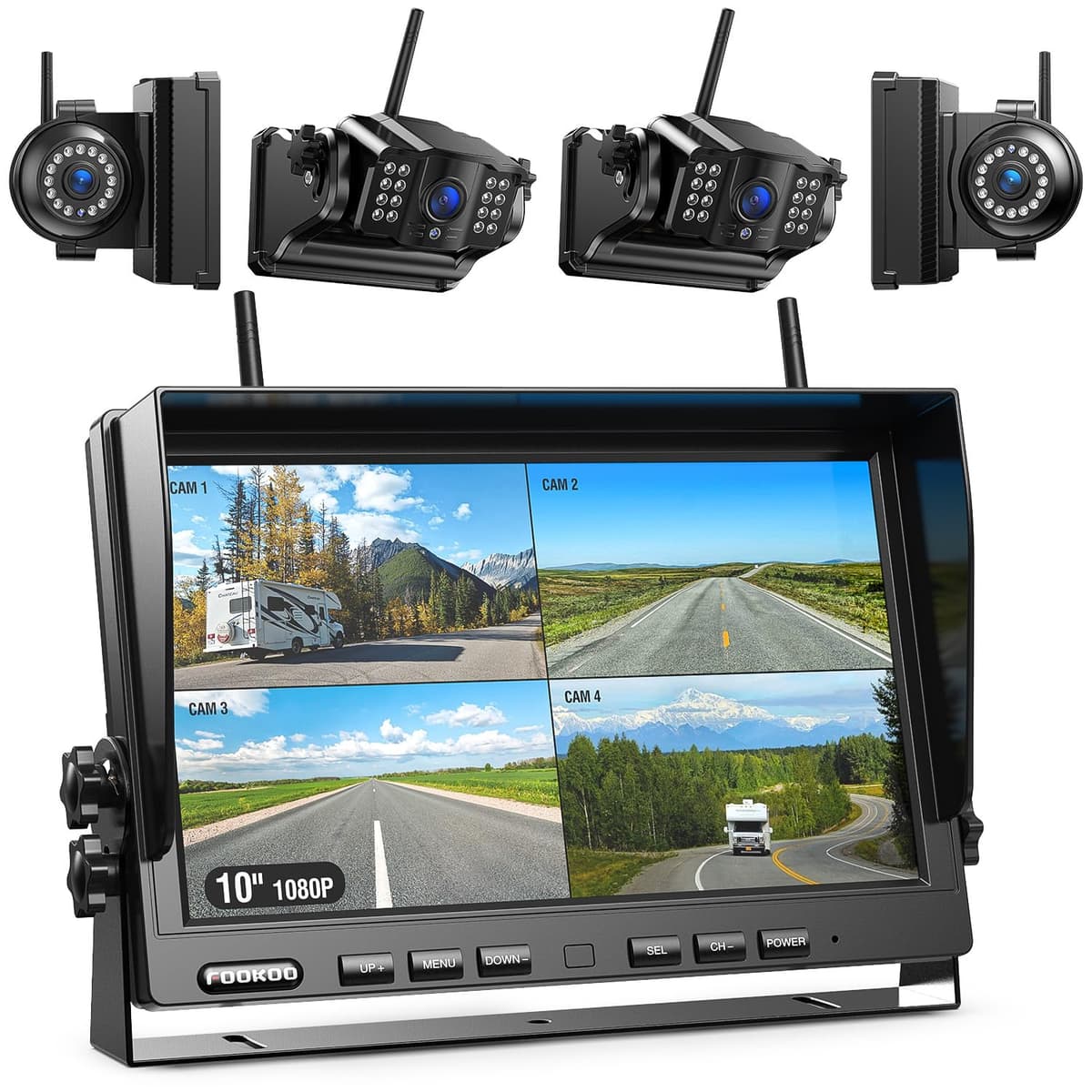 Fookoo Cámara inalámbrica de respaldo magnética 1080P 10" con monitor dividido HD de 10", recargable, 2 cámaras vista lateral y 2 traseras, bajo consumo, instalación DIY en 1 minuto sin taladro para RV remolque camión DCX104