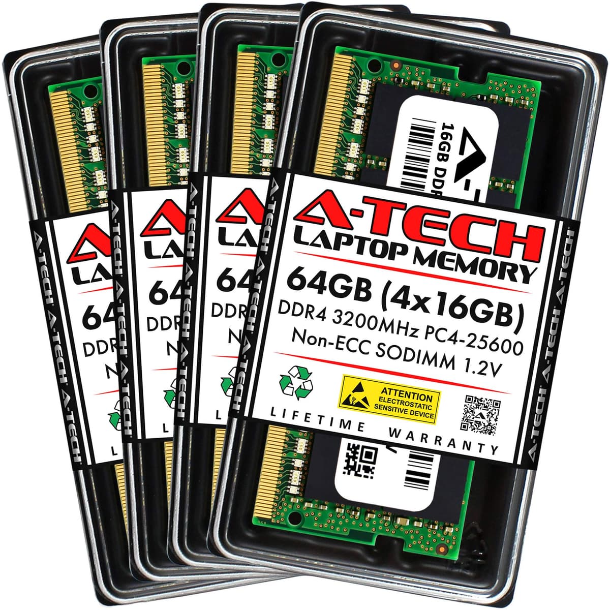 A-Tech 64GB (4x16GB) DDR4 3200 MHz SODIMM PC4-25600 (PC4-3200AA) CL22 RAM para Laptop No ECC AT16G4D4S3200NA0N12V