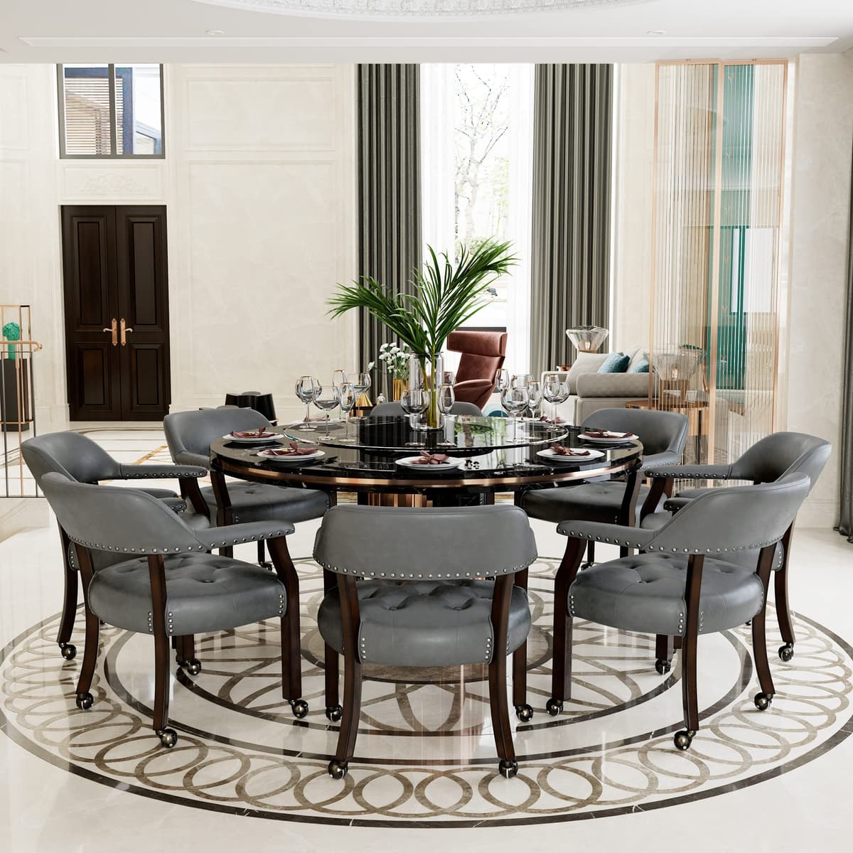 MODERION Sillas de comedor con ruedas y brazos juego de 6, sillones capitán con patas de madera, tapizado con botones, giratorias 31.5”H Leg. marrón & Dark Grey XXY1910DG