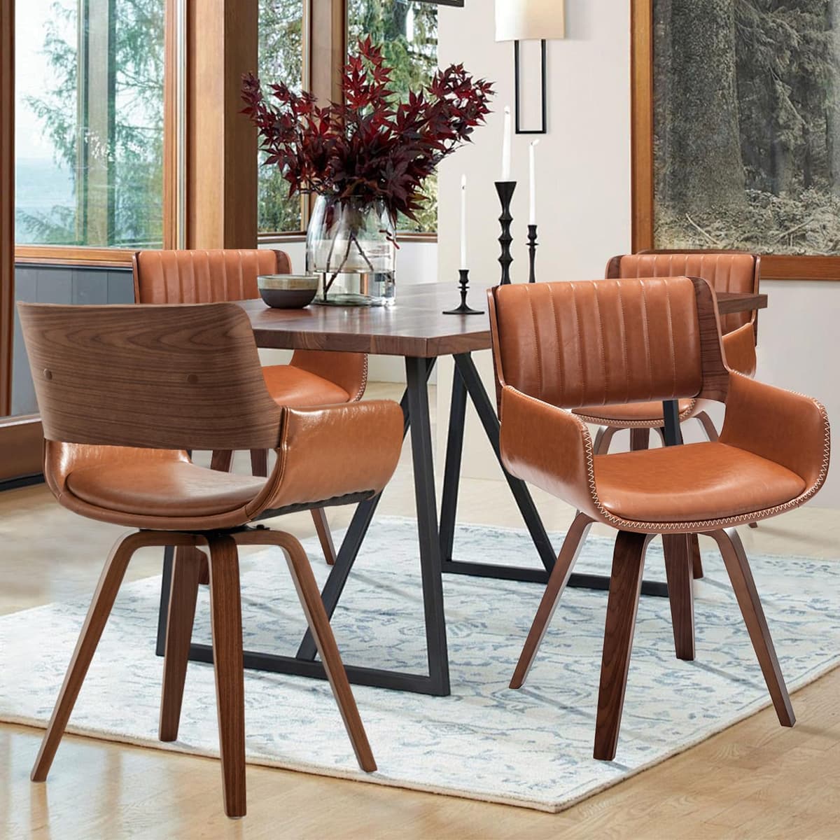 Juego de 4 Sillas de Comedor LUNLING Giratorias de Cuero Sintético Estilo Mid Century con Patas de Madera/Brazos/Asiento Tapizado/Pies Ajustables para Cocina Comedor Escritorio Marrón 517