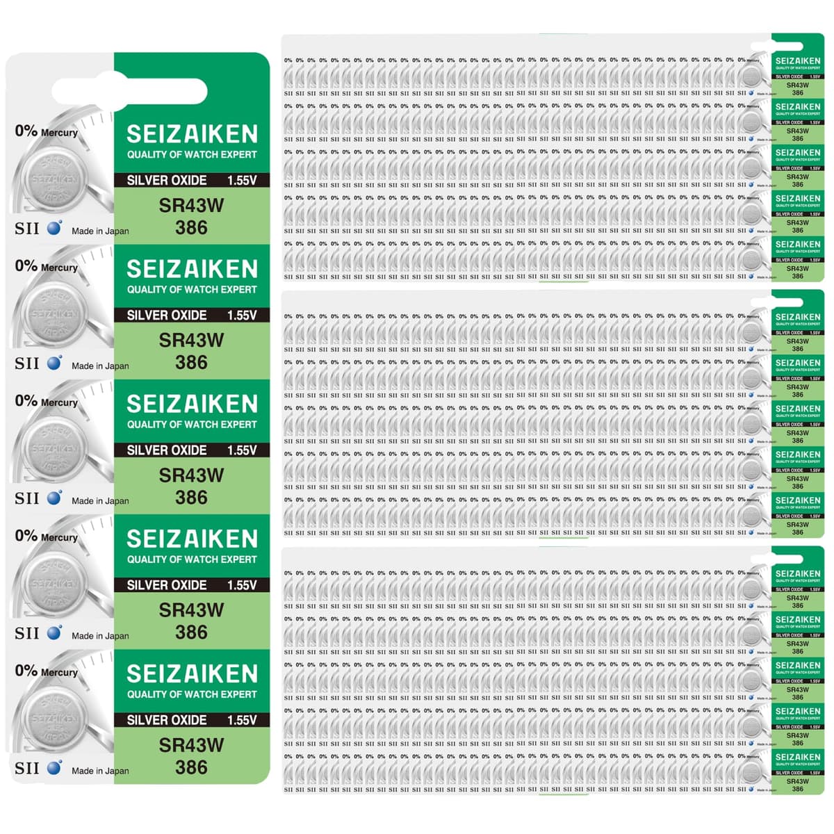 Seizaiken 386 SR43W 1.55V 0% Hg - Pila de óxido de plata para reloj - Pack 1000 (fabricado en Japón por Seiko)