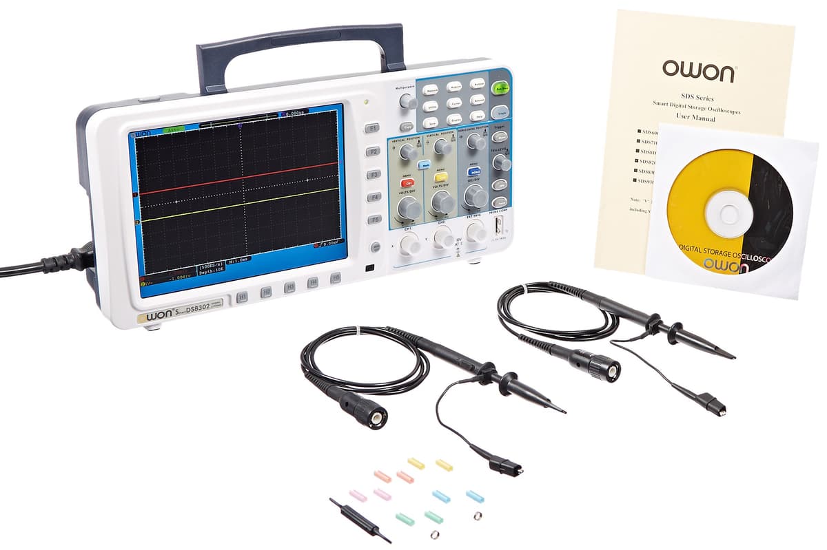 Owon SDS8302-V Osciloscopio digital 300 MHz, 2 canales, memoria profunda