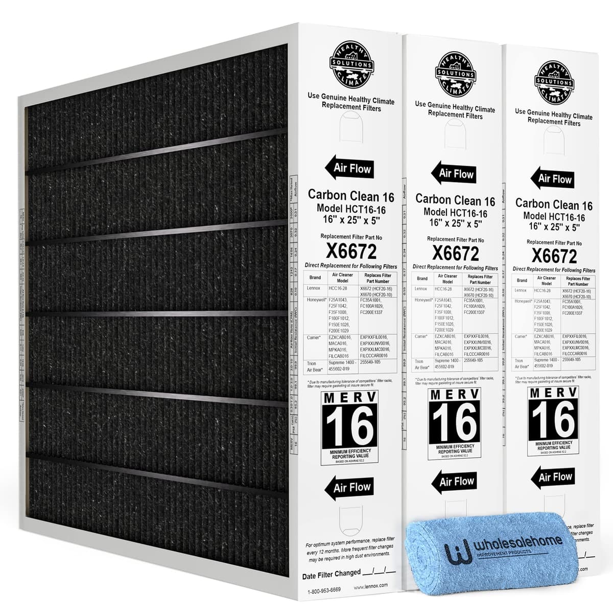 Lennox X6672 16x25x5 Furnace Filter - MERV 16 - 3 Pack + Cleaning Cloth