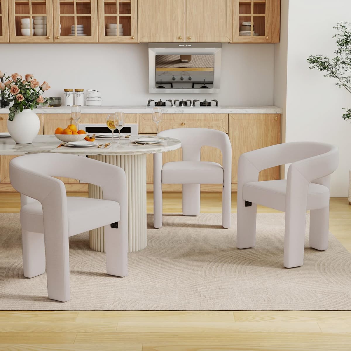 BESTANO Set de 3 sillas modernas tapizadas en terciopelo con respaldo abierto, silla barril para comedor y acento, Ivory SY5101