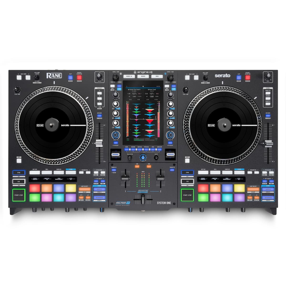 RANE SYSTEM ONE Controlador DJ Motorizado Independiente Todo-en-Uno con Engine DJ OS, Mezcla Fluida en 2 Canales, Efectos Stems, Serato DJ Pro, Salidas XLR
