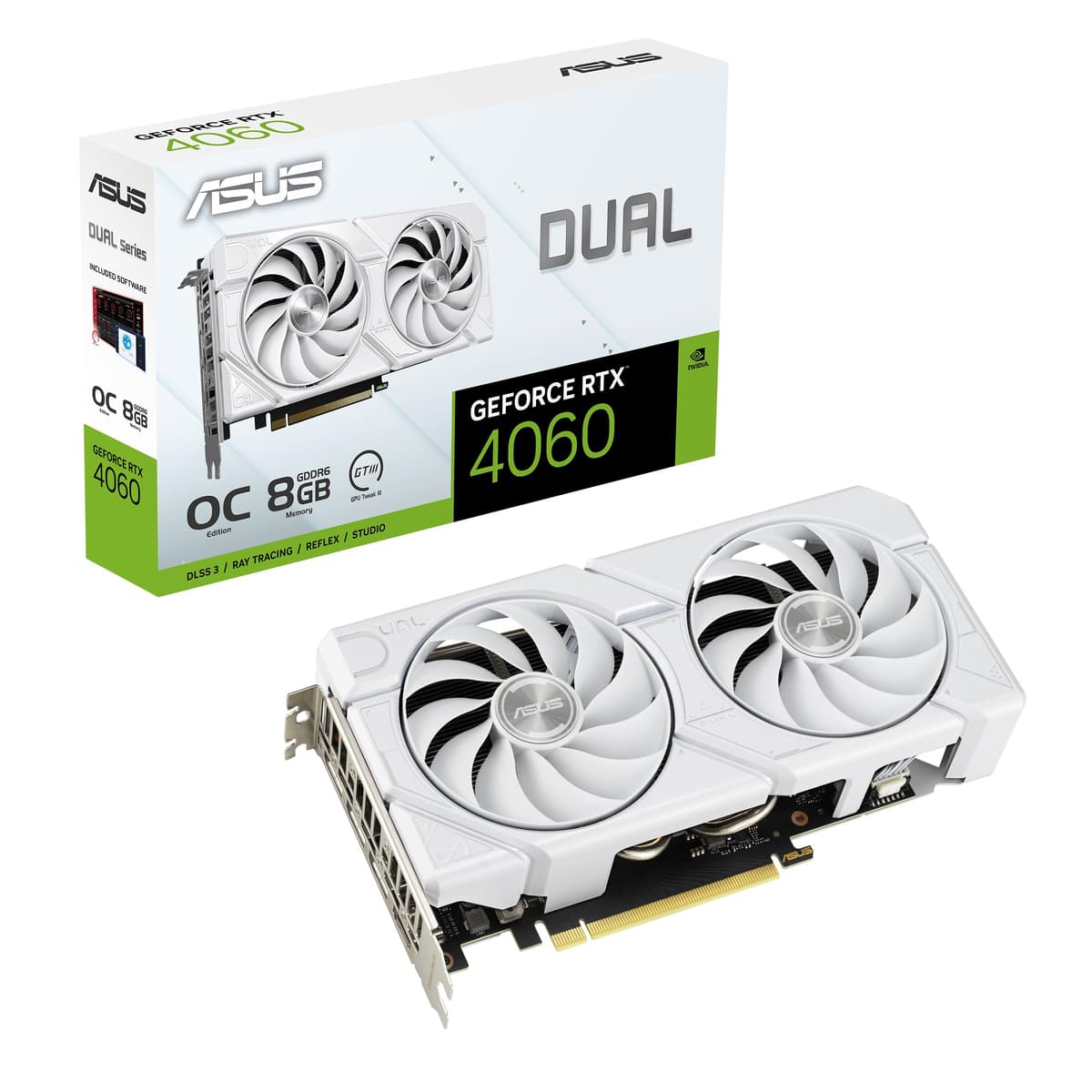 ASUS Dual GeForce RTX 4060 EVO White OC Edición 8GB GDDR6 (PCIe 4.0, 8GB GDDR6, DLSS 3, HDMI 2.1a, DisplayPort 1.4a, Ventilador Axial-tech, Tecnología 0dB, BIOS Dual, Auto-Extreme Tech) DUAL-RTX4060-O8G-EVO-WHITE