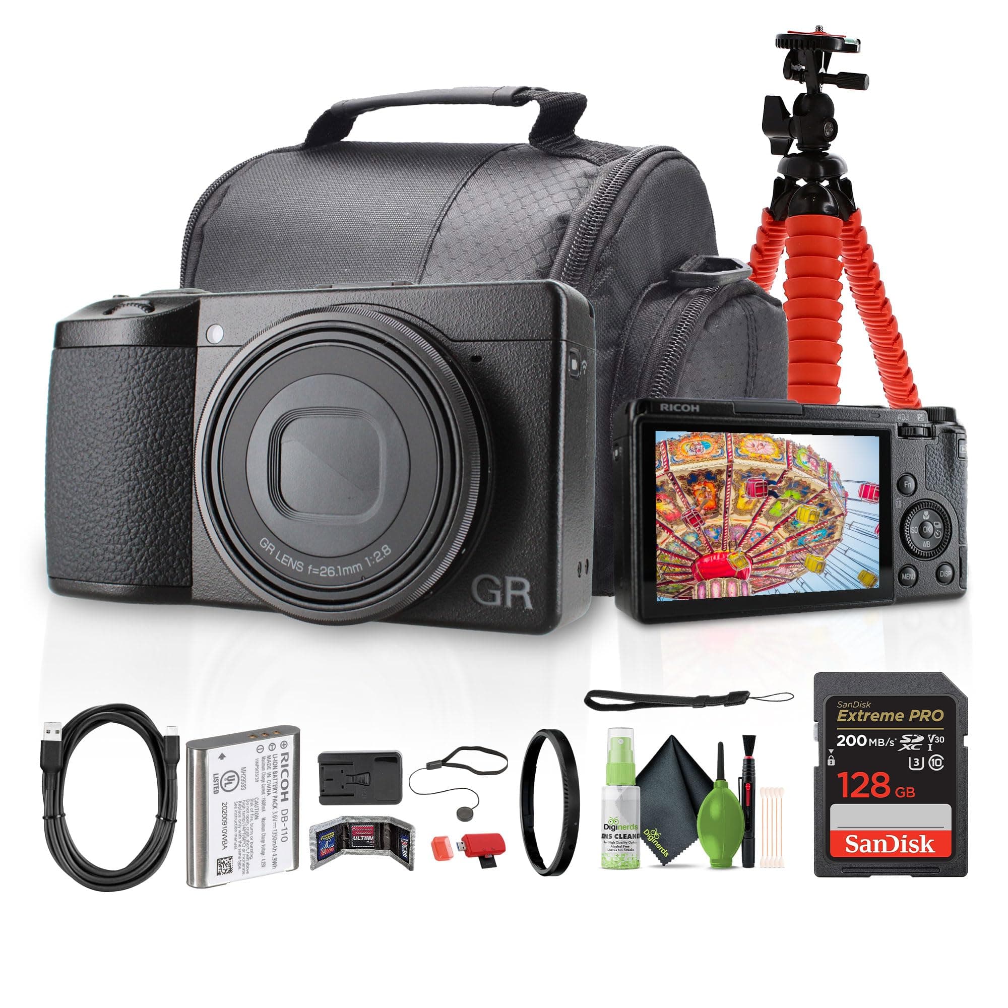 Cámara digital portátil compacta Ricoh GR IIIx (15286) + tarjeta de memoria de 64 GB + bolso para cámara + trípode flexible + kit de limpieza + cartera para tarjetas + lector de tarjetas + tapa de lente 15286_EDI_1