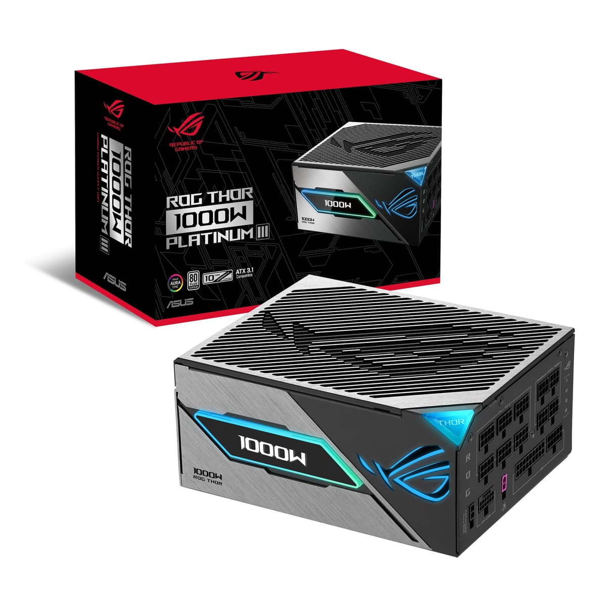 ASUS ROG Thor 1000W Platinum III Fuente de Poder (Certificada 80 Plus Platinum, ATX 3.1, MOSFET GaN, Estabilizador de Voltaje Inteligente Prioritario para GPU, Pantalla OLED Magnética, Modo Turbo, Garantía de 10 Años) ROG-THOR-1000P3-GAMING