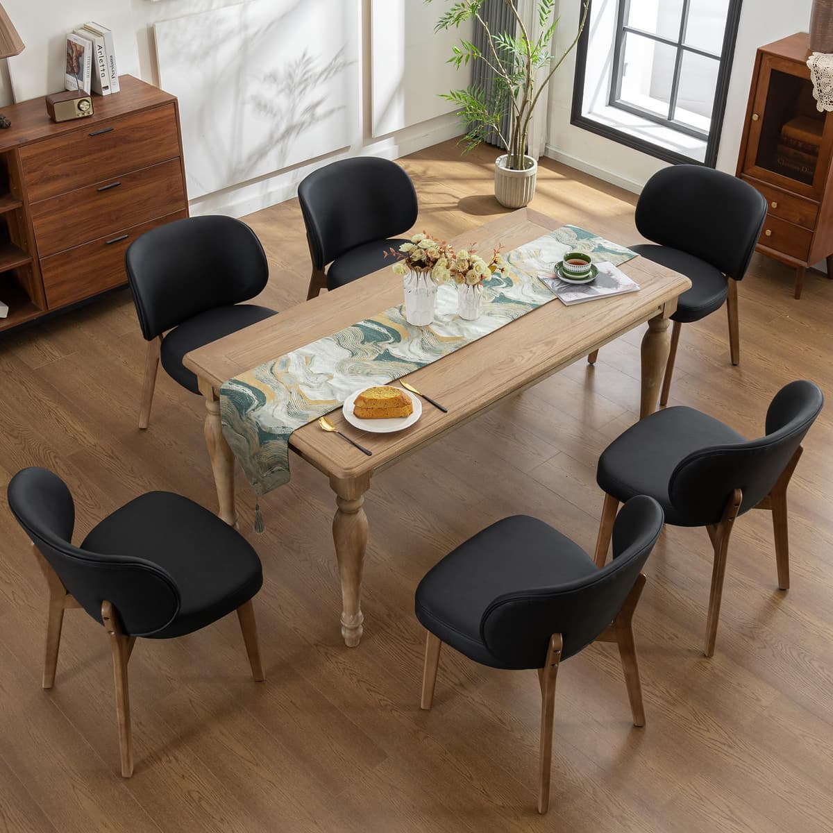 Juego de 6 sillas YOUNIKE estilo mid century, asiento acolchado en piel sintética, negro