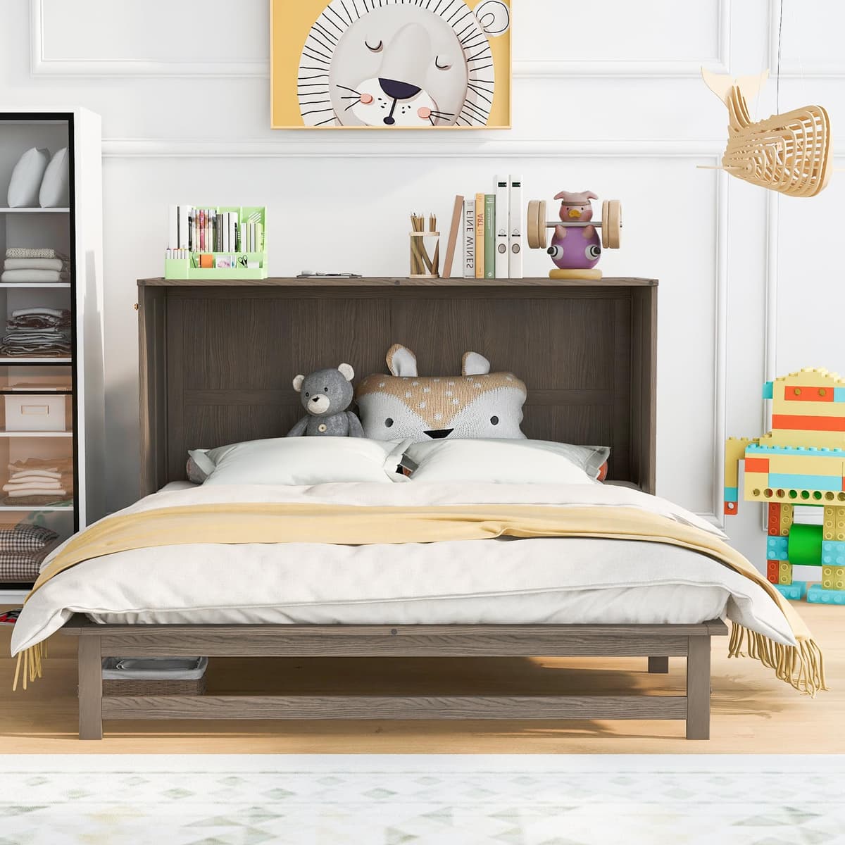 Cama abatible Murphy Queen RUNWON con estación de carga y cajón de almacenamiento (Gris antiguo) Queen Size Murphy Bed