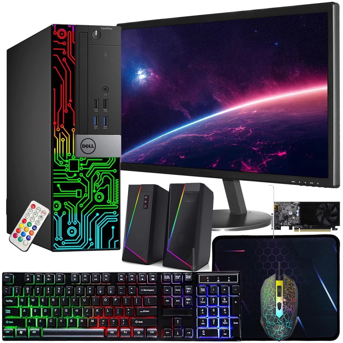Dell OptiPlex 5060 SFF RGB PC, Intel Core i5-8500, GeForce GT 1030 2GB GDDR5, 32GB RAM, 512GB NVMe, 1TB HDD, Monitor HDMI 22 pulgadas, Parlantes para gaming, WiFi, Bluetooth, Windows 11 Pro (Reacondicionado)