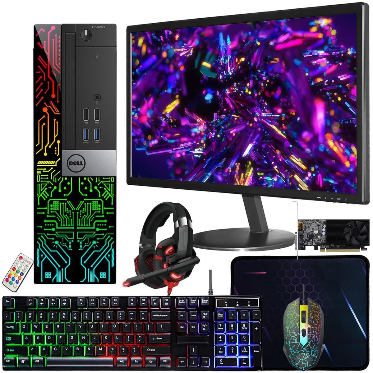 Dell OptiPlex 3060 SFF RGB Computadora PC, Intel Core i5-8500, RX 550 4GB GDDR5, 16GB RAM, 512GB NVMe, 1TB HDD, Monitor HDMI 22 pulgadas, Auriculares para gaming, WiFi, Bluetooth, Windows 11 Pro (Reacondicionado)